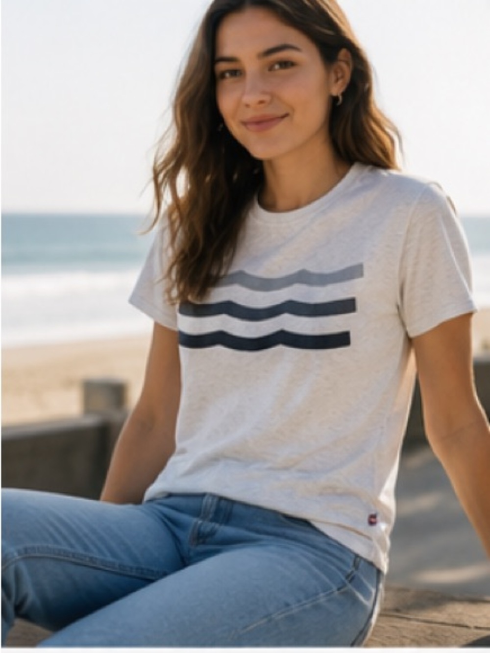 Sol Angeles Ecru Tee with Gray Wave Design
